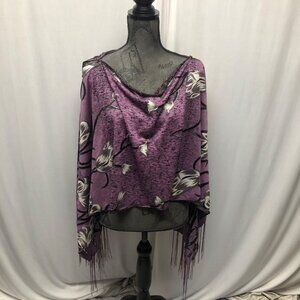 Purple Floral Fringe Poncho Shawl Wrap Scarf Silver Black Detailing